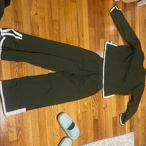 Olive Green Two-Piece Lounge Set with White Trim